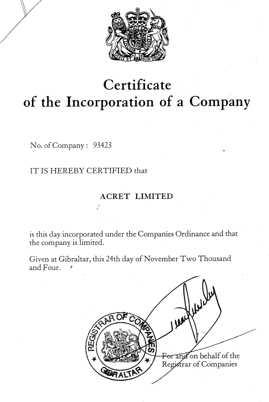 이미지: Acret Ltd.의 법인 설립 설립증 사본