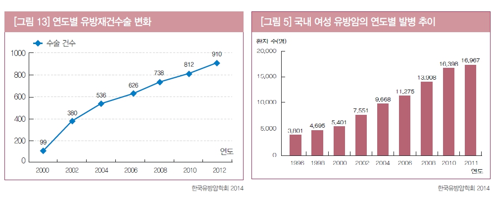 이미지: 국내여성 유방암 발병추이 및 유방재건수술변화