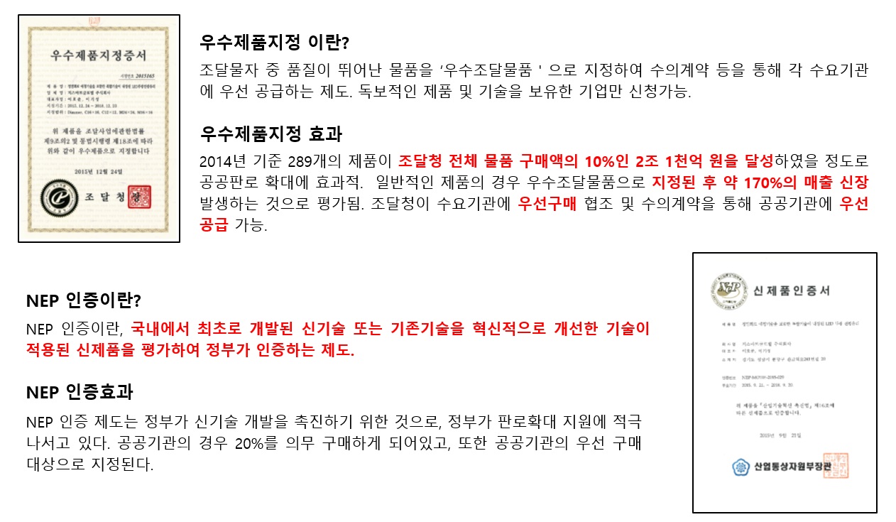 이미지: 우수제품지정증서와 nep 인증서_예투