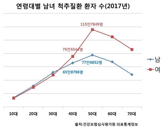 이미지: 연령대별 남녀 척추질환 환자 수(2017년)