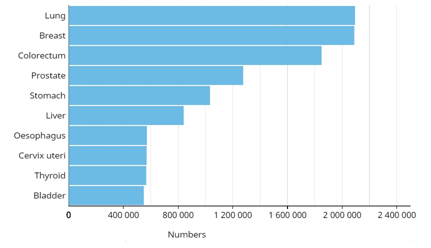 이미지: 2018년 전세계 암 진단 발생수 (globocan 2018)