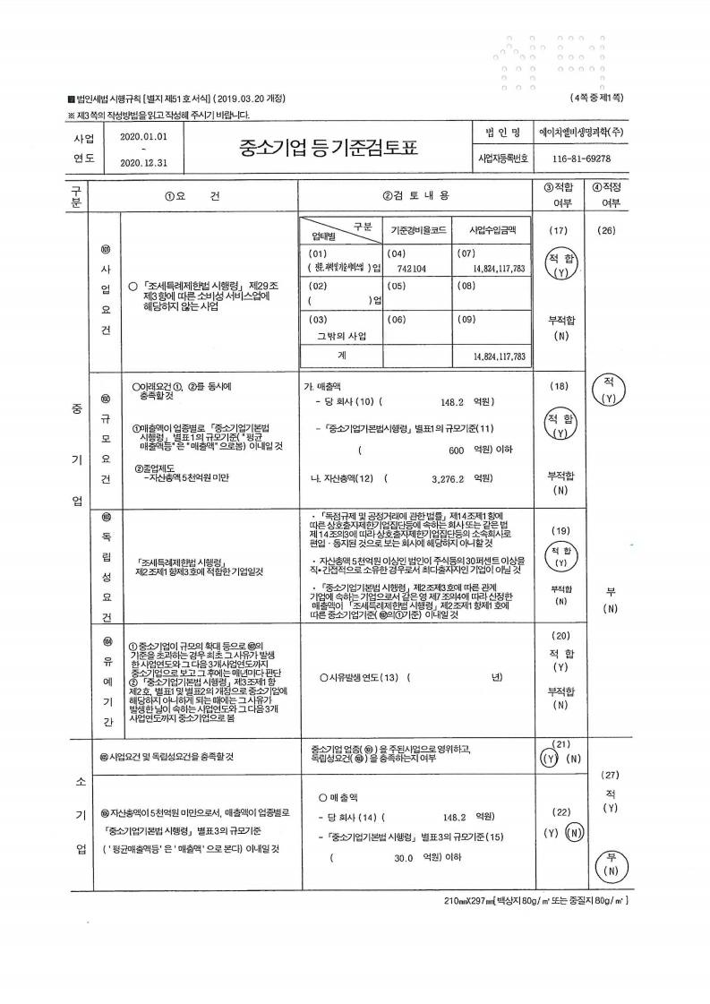 이미지: 에이치엘비생명과학_중소기업 등 기준검토표(2020년).pdf_page_1