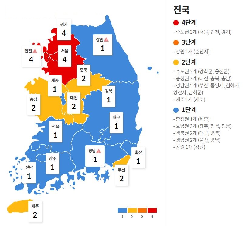 이미지: 국내 지역별 사회적 거리두기 단계 현황