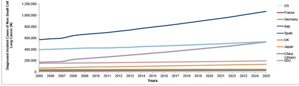 이미지: <비소세포폐암 환자수 전망(global data 2005-2025)>