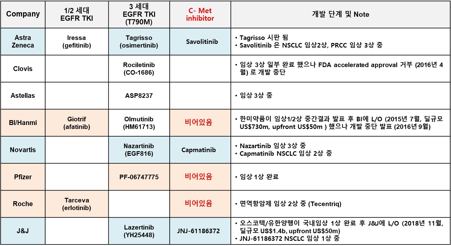 이미지: 비소세포폐암에 대한 글로벌 제약사별 포트폴리오