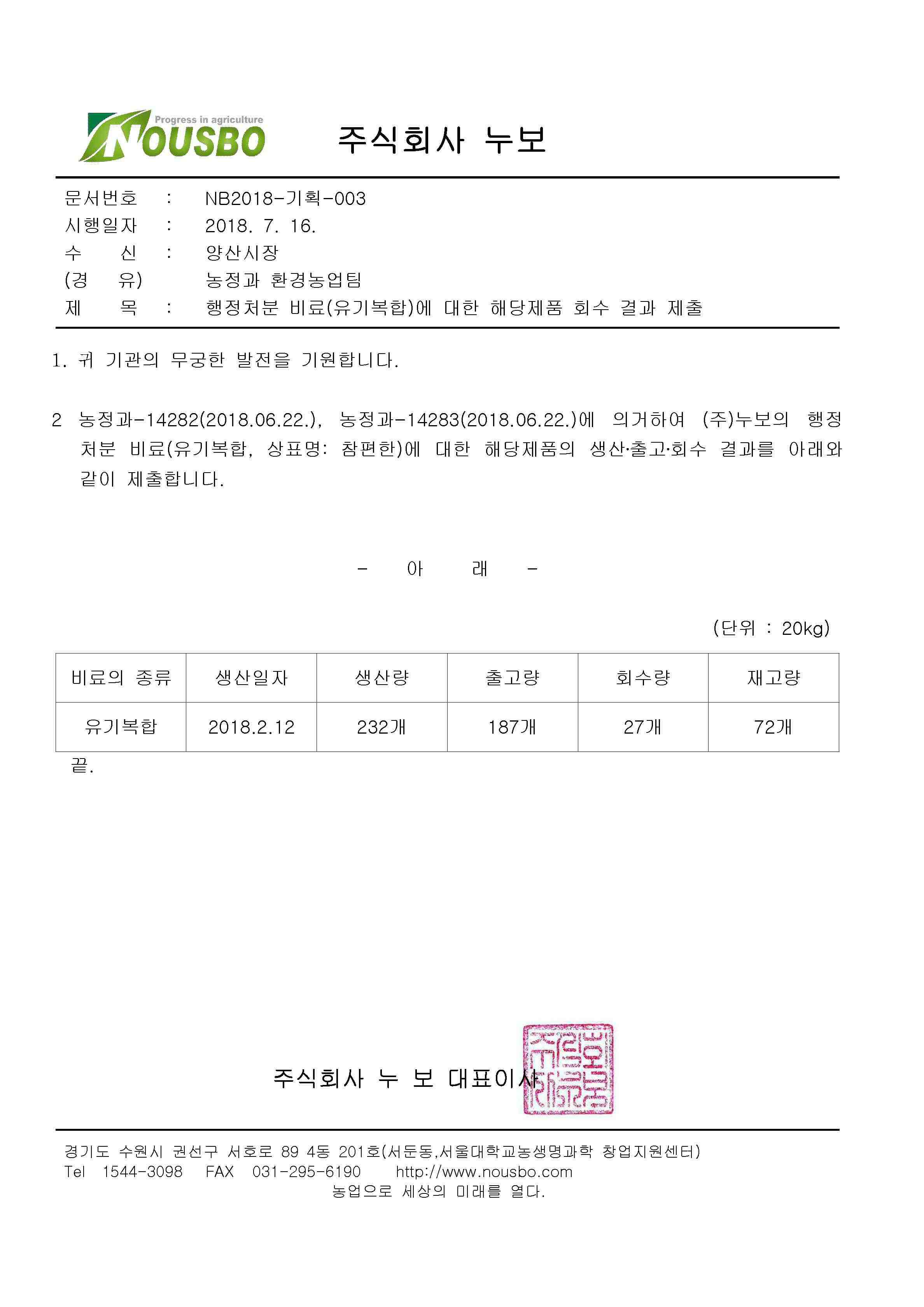 이미지: 해당제품 회수 결과 제출 공문