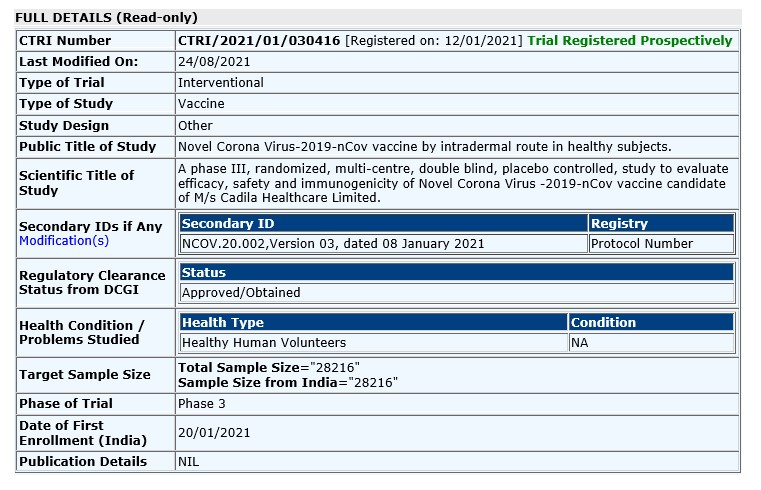 이미지: ZyCov-D Clinical Trials Phase3 Registry India
