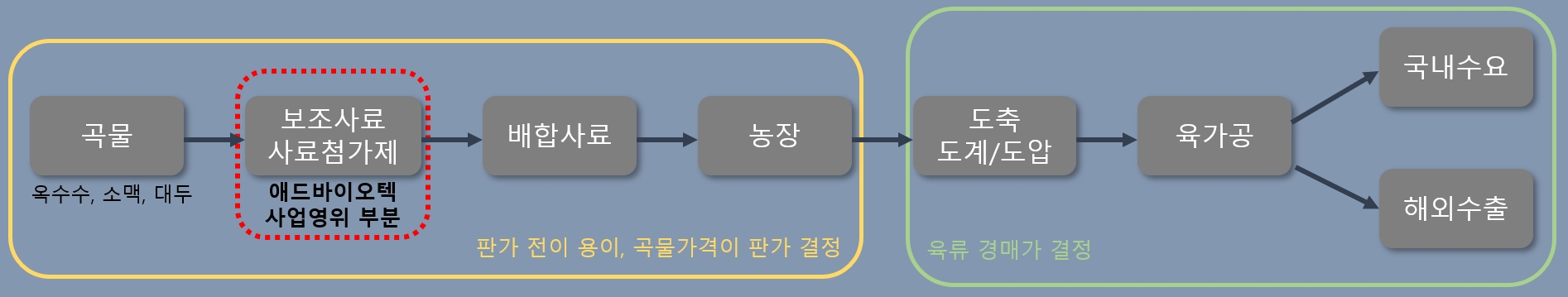 이미지: 사료산업의 밸류체인 및 애드바이오텍 보조사료 부문 소속영역
