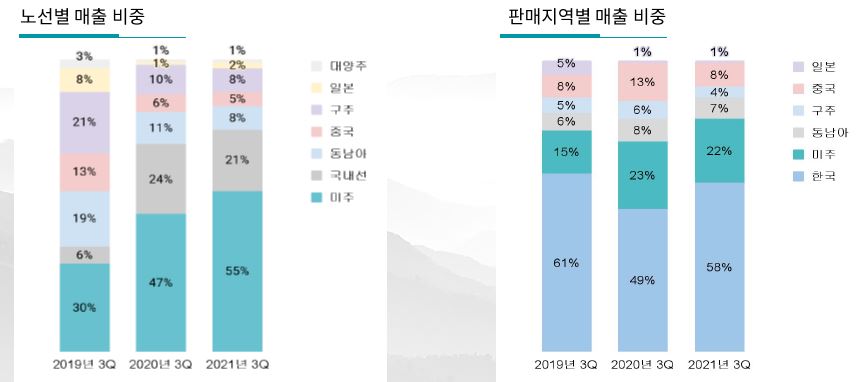 이미지: 여객사업 노선별, 판매지역별 매출 비중