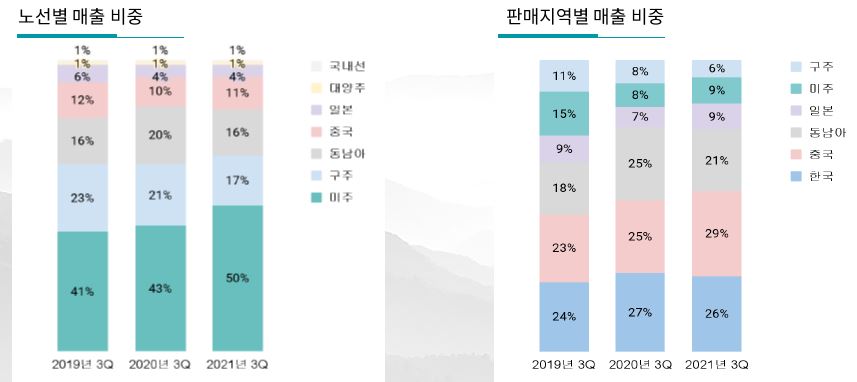 이미지: 화물사업 노선별, 판매지역별 매출 비중