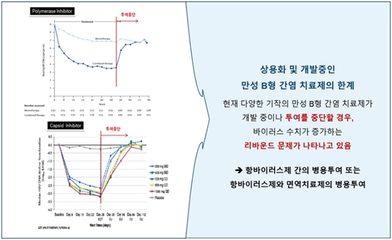 이미지: 상용화 및 개발중인 만성 B형 간염치료제의 한계 (리바운드 현상)