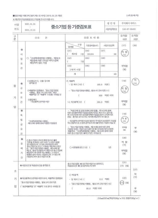 이미지: 중소기업기준검토표(자비스_20211231)