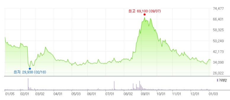 이미지: 에이치엘비 최근 1개년 주가 추이