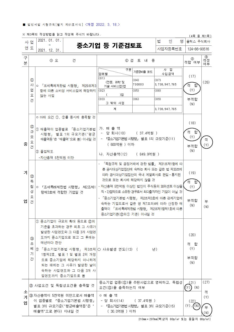 이미지: 중소기업 등 기준검토표(법인세법 시행규칙)001