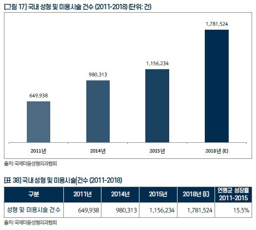 이미지: 국내 성형 및 미용시술 건수(2011-2018)