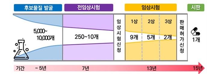 이미지: 일반적인 신약개발 과정 및 소요 기간