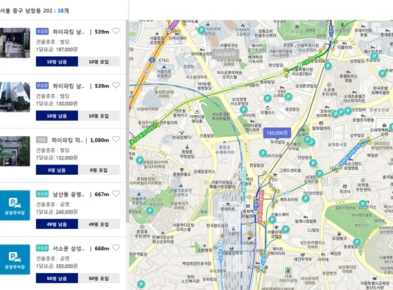 이미지: EVPS 주차공유 APP 월팍 지도 표시