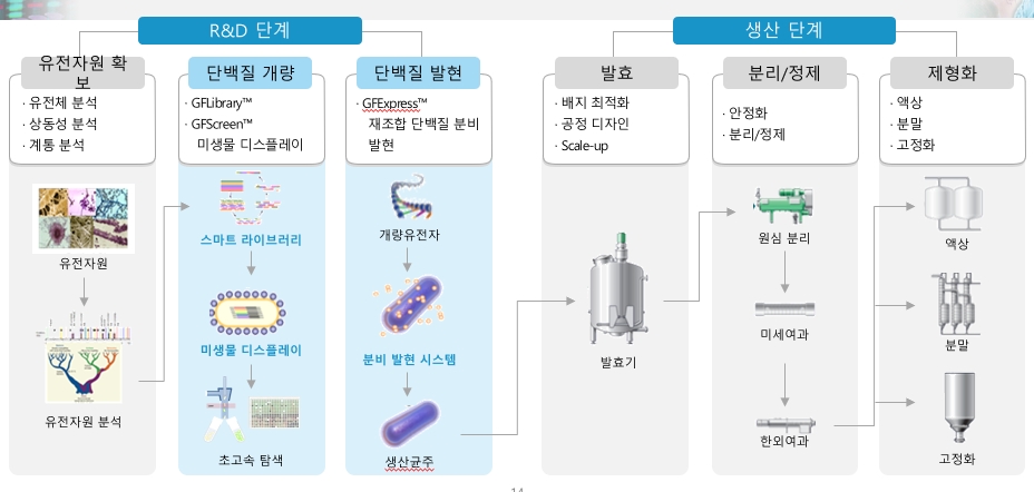 이미지: [당사의 플랫폼 기술(효소개발 및 생산 단계별 ‘전 주기’기술)]
