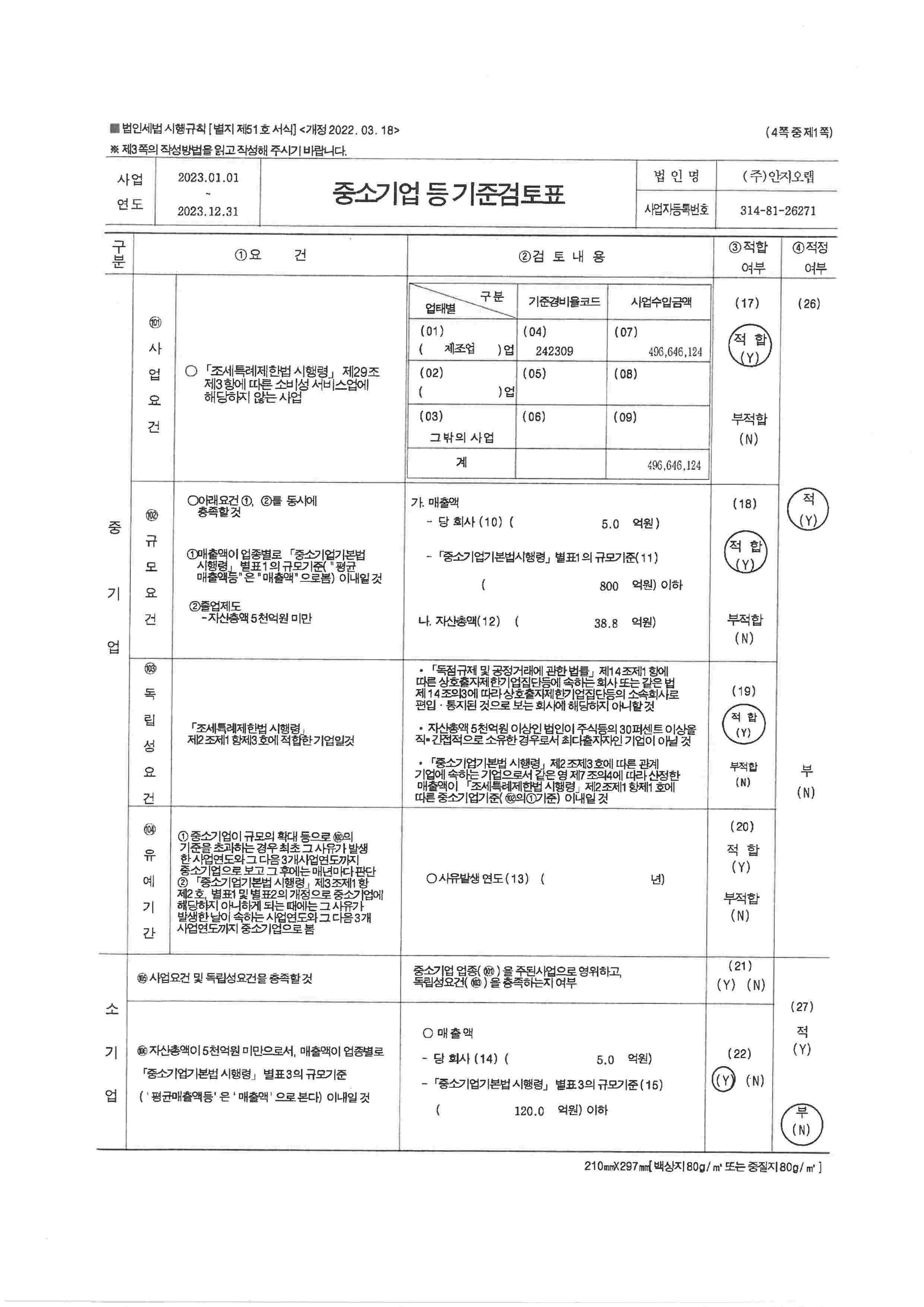 이미지: 중소기업 등 기준검토표(1)