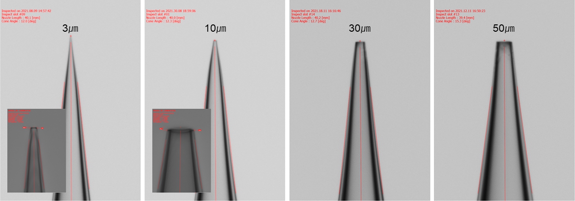이미지: 사이즈별 글래소 노즐 직경 검사 현미경 이미지