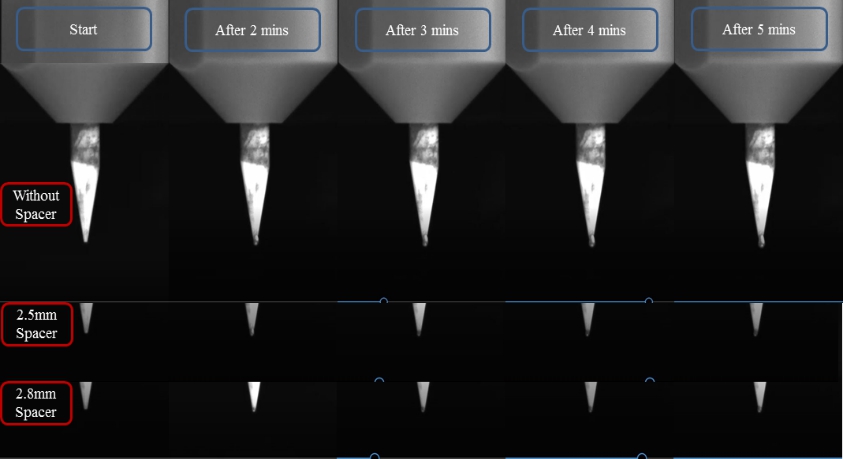 이미지: spacer 길이에 따른 약액 누수현상 관찰 예시