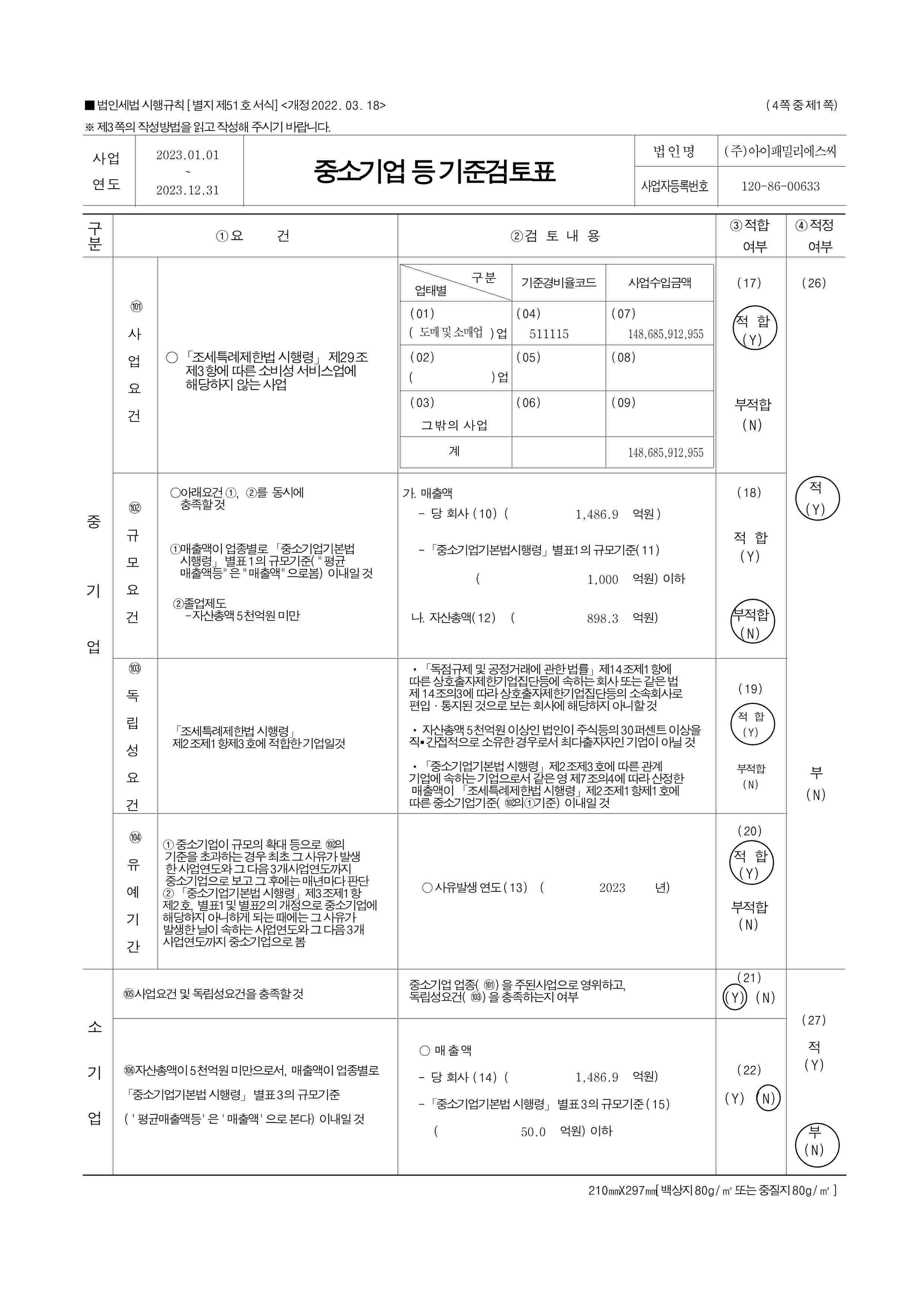 이미지: (주)아이패밀리에스씨 2023년 중소기업기준검토표_1