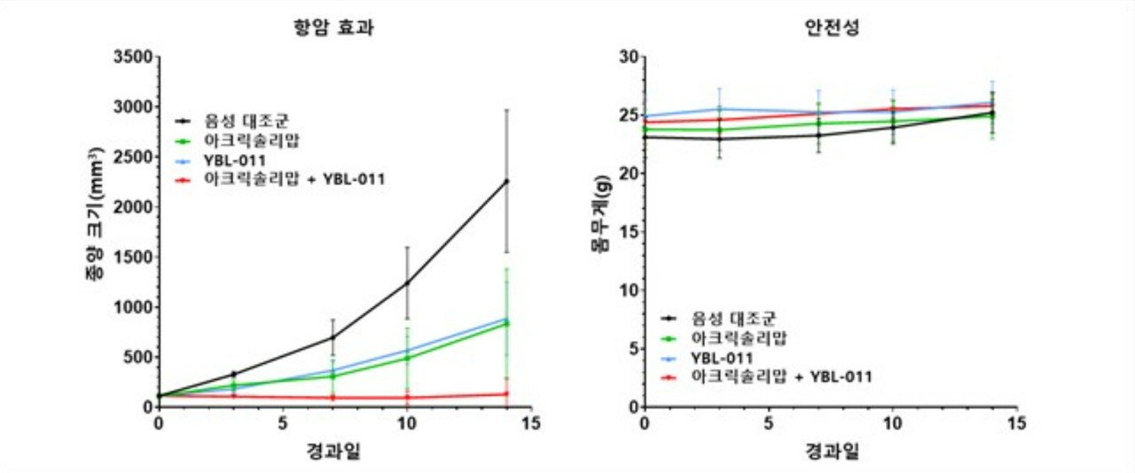이미지: 대장암모델에서 YBL-011과 아크릭솔리맙(YBL-006) 병용투여 효능 데이터
