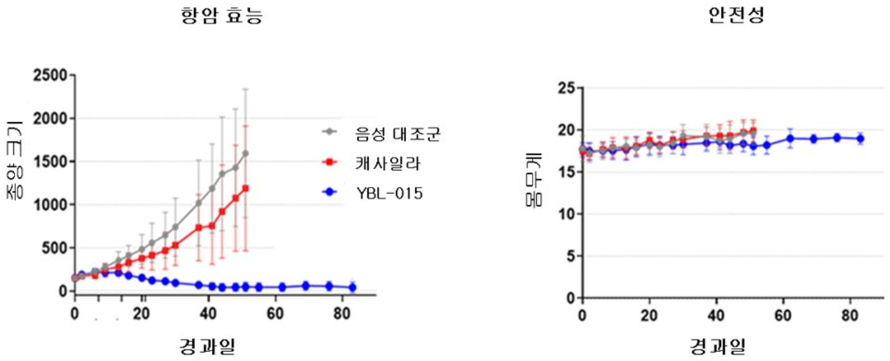 이미지: 유방암 동물모델에서 YBL-015와 캐싸일라®의 효능 비교