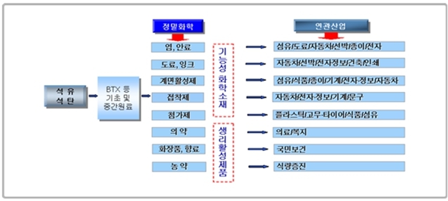 이미지: 정밀화학 전후방 연관 관계 및 관련 산업