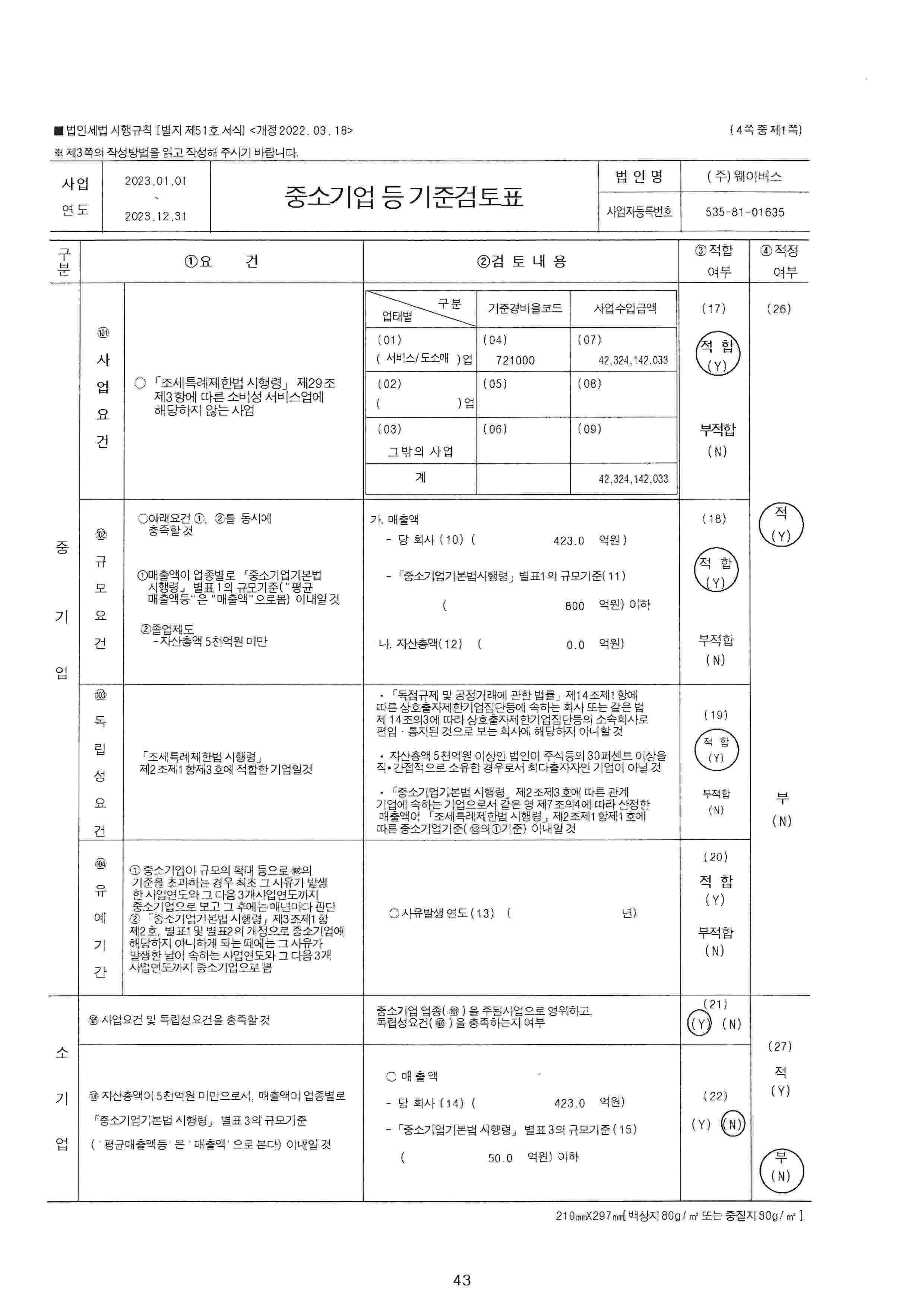 이미지: 중소기업 등 기준검토표(1)
