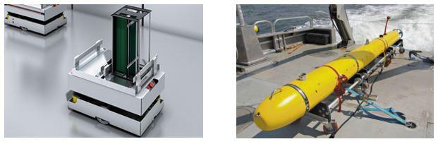 이미지: (좌) 무인 운반 시스템(agv) &nbsp; &nbsp; &nbsp; &nbsp; &nbsp; &nbsp; &nbsp; &nbsp; &nbsp;(우) uuv(unmanned underwater vehicle)