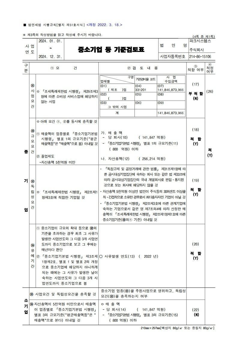 이미지: [별지 제51호서식] 중소기업 등 기준검토표(법인세법 시행규칙)