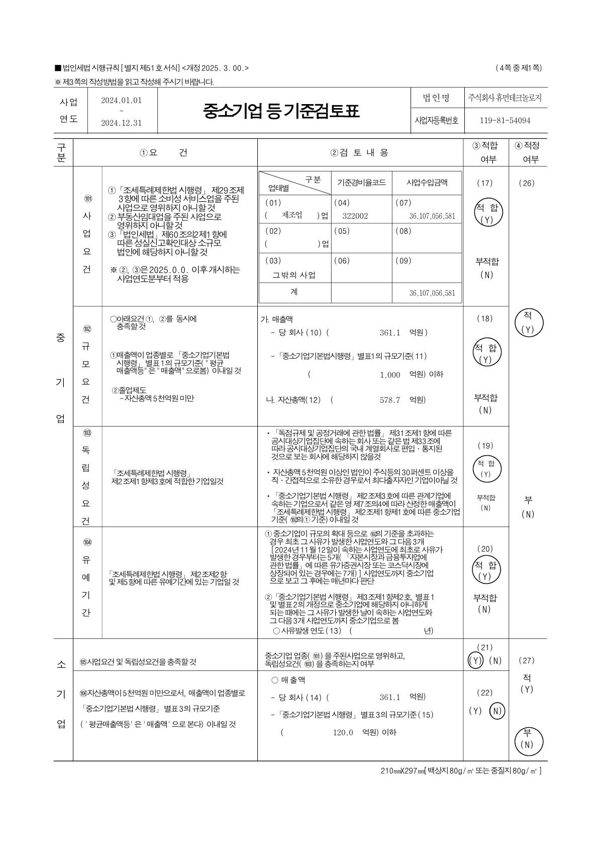 이미지: (주)휴먼테크놀로지_fy2024_중소기업기준검토표_1