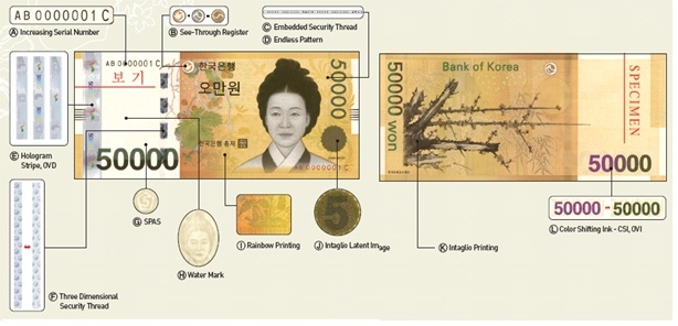 이미지: <한국조폐공사 오만원권의 일반 보안요소>