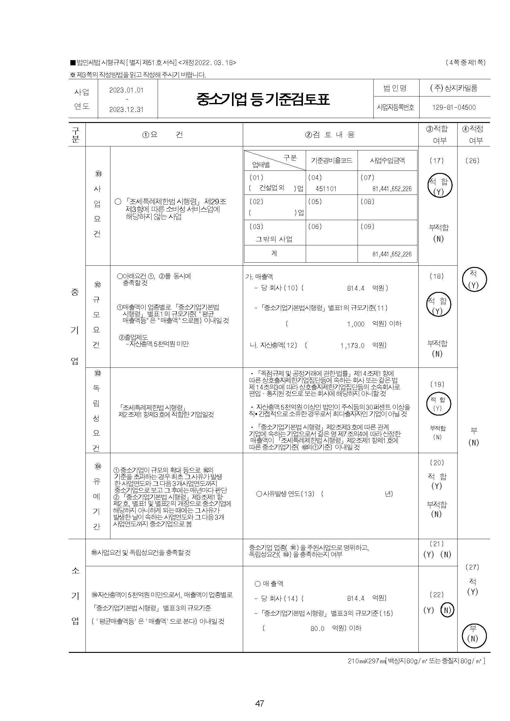 이미지: 중소기업 기준 검토표(2023 사업연도_상지건설)_페이지_1