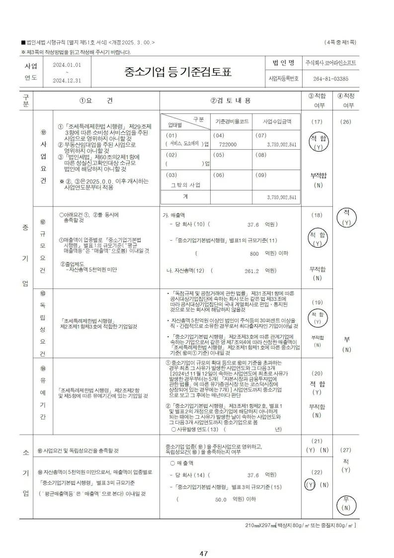 이미지: 1-1.(주)코어라인소프트_중소기업 등 기준검토표_20241231