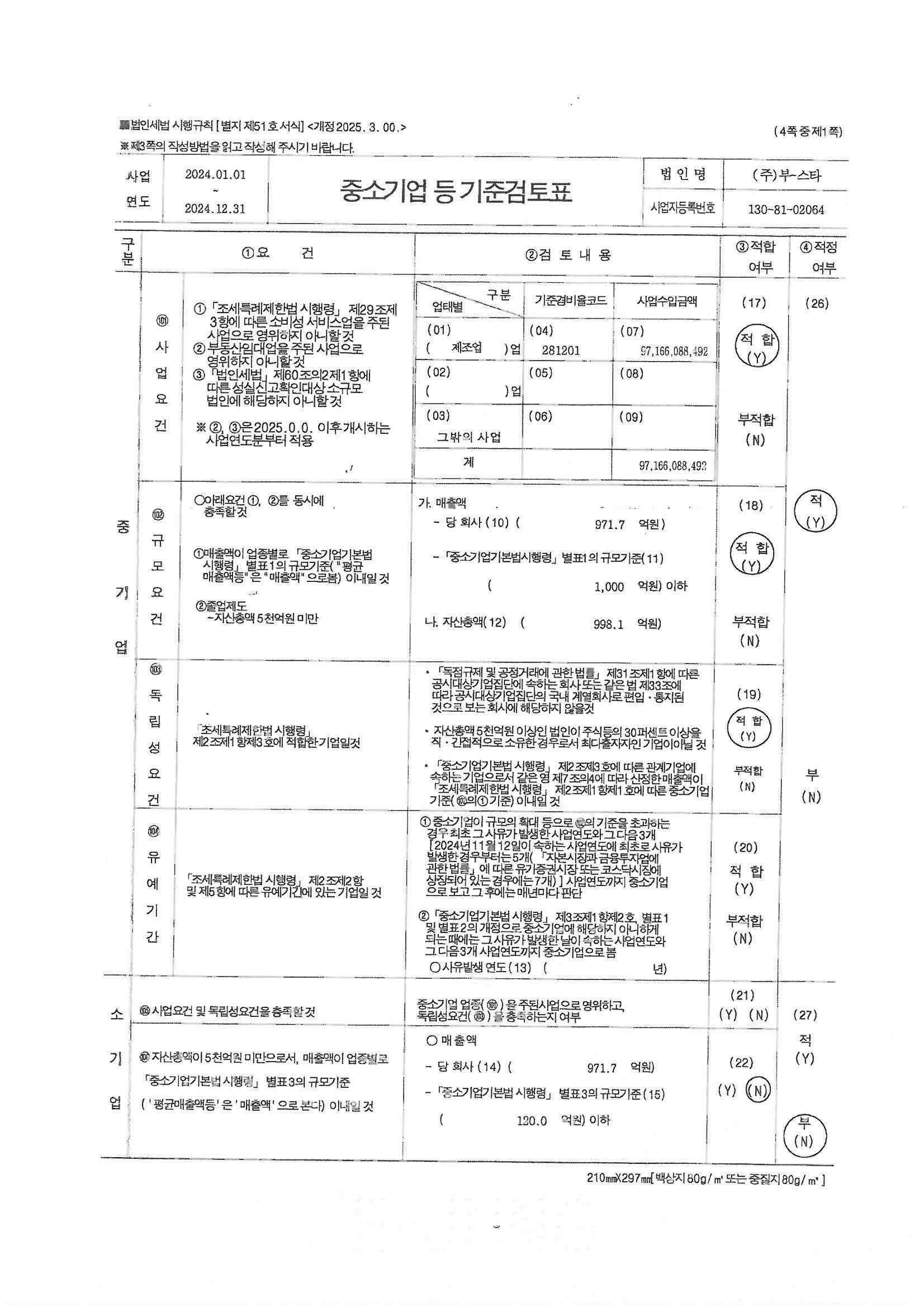 이미지: 중소기업기준검토표(2024년)2-1