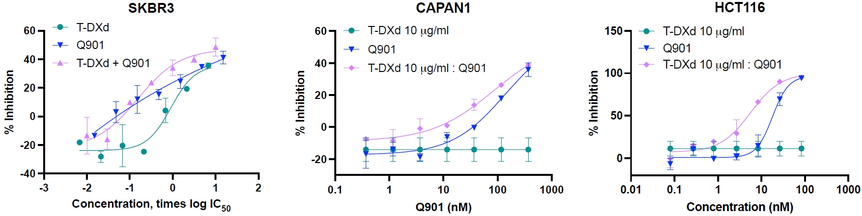 이미지: [다양한 HER2 발현 모델에서의 모카시클립(Q901)과 TOP1i-ADC 시너지]