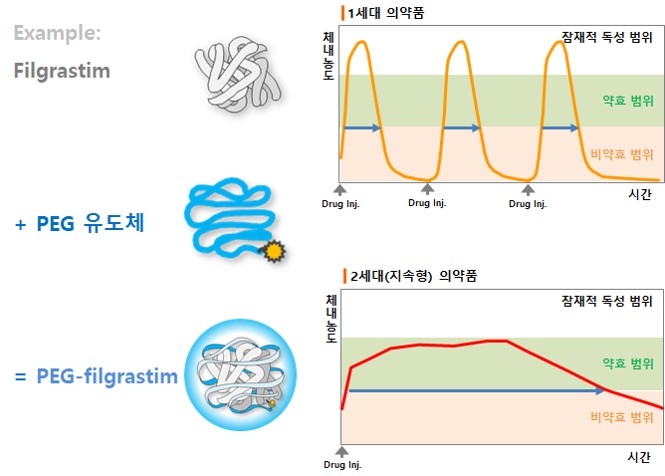 이미지: [1세대 의약품과 2세대(지속형) 의약품의 차이]
