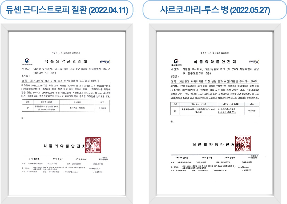 이미지: [EN001-CMT, DMD의 개발단계 희귀의약품 지정 승인서]