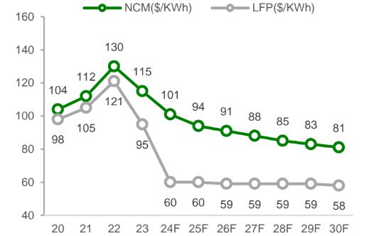 이미지: 양극재 종류에 따른 배터리 셀 원가 비교(2024.11)