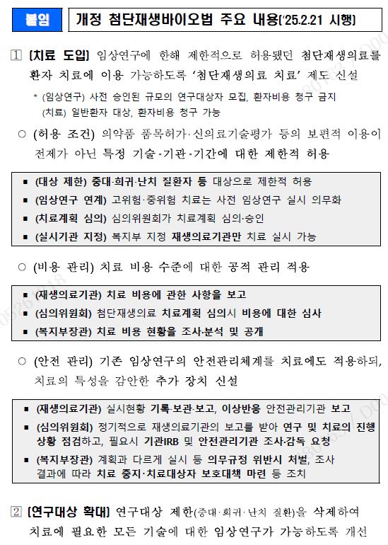 이미지: 개정 첨단재생바이오법 주요 내용 ['25.2.21 시행]
