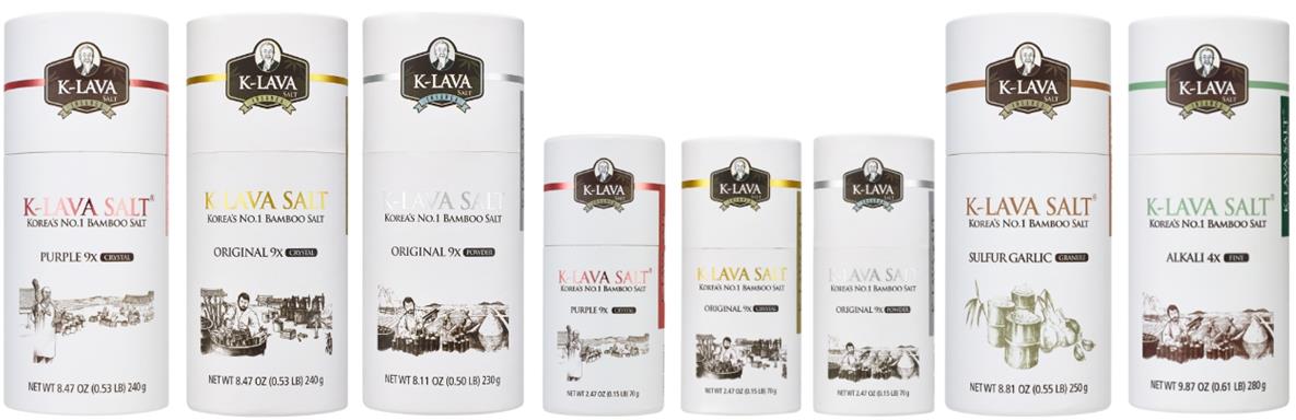 이미지: 글로벌 K-LAVA 브랜드 라인업 - 자죽염, 9회 오리지널, 죽마고우, 4회 알칼리