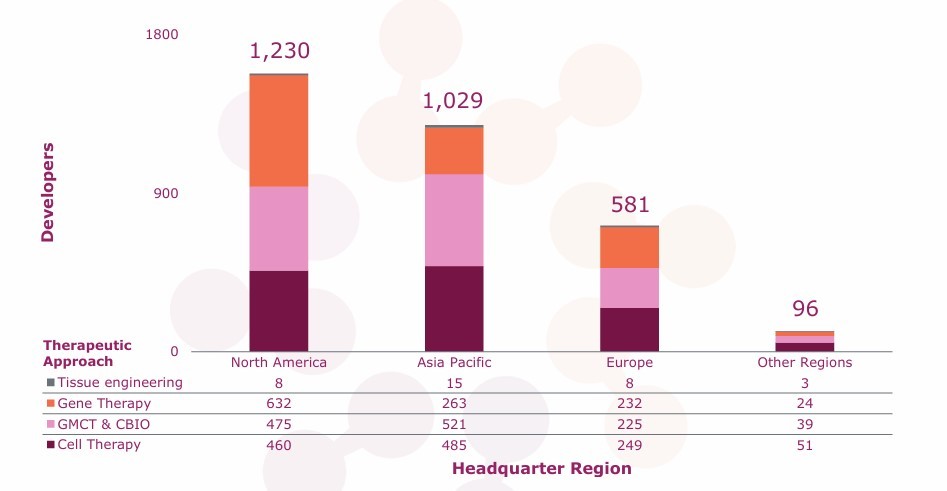 이미지: 세포유전자 치료제 개발사 현황 (developers by headquarter region and therapeutic approach)