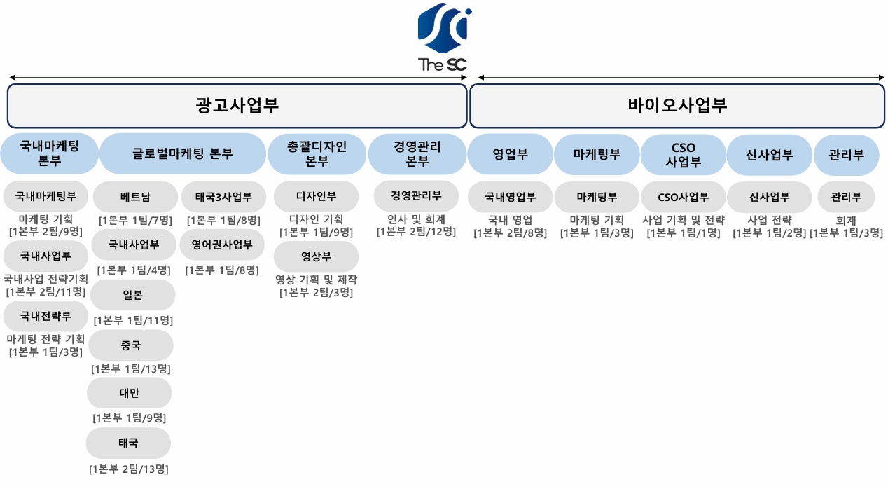 이미지: 연결회사 더에쓰씨의 사업부문과 조직 구성도