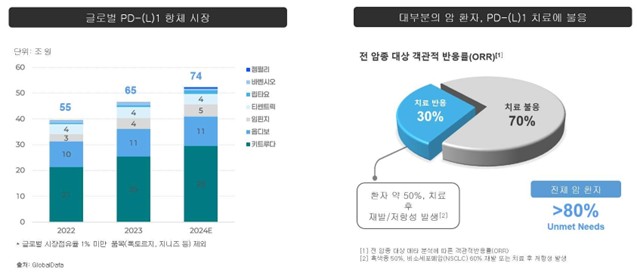 이미지: 글로벌 항-PD(L)1 매출액(좌) 및 키트루다® 치료 한계에 따른 미충족 수요(우)
