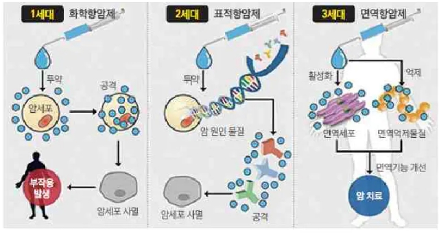 이미지: 세대별 항암제 작용원리 비교