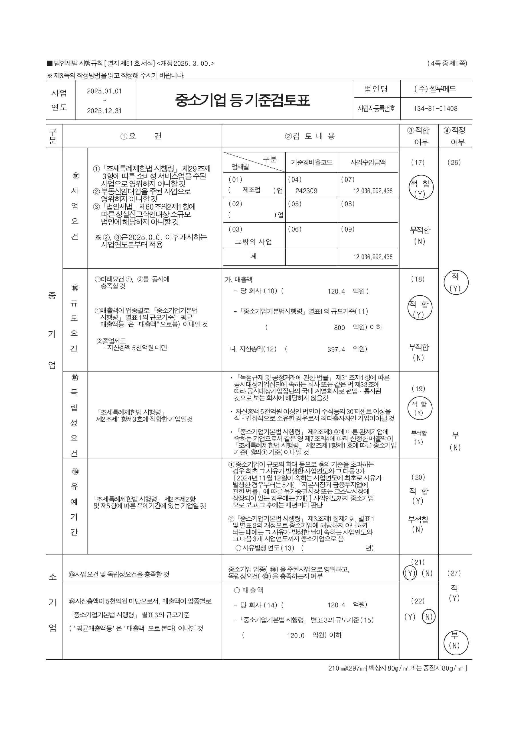 이미지: 중소기업기준검토표_셀루메드_fy2025_1