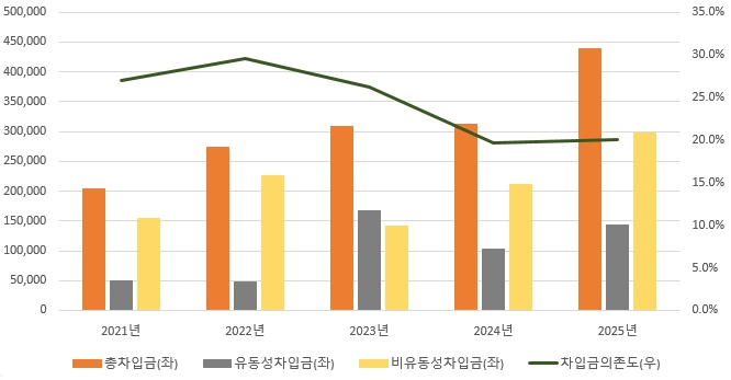 이미지: 총차입금 및 차입금의존도 추이