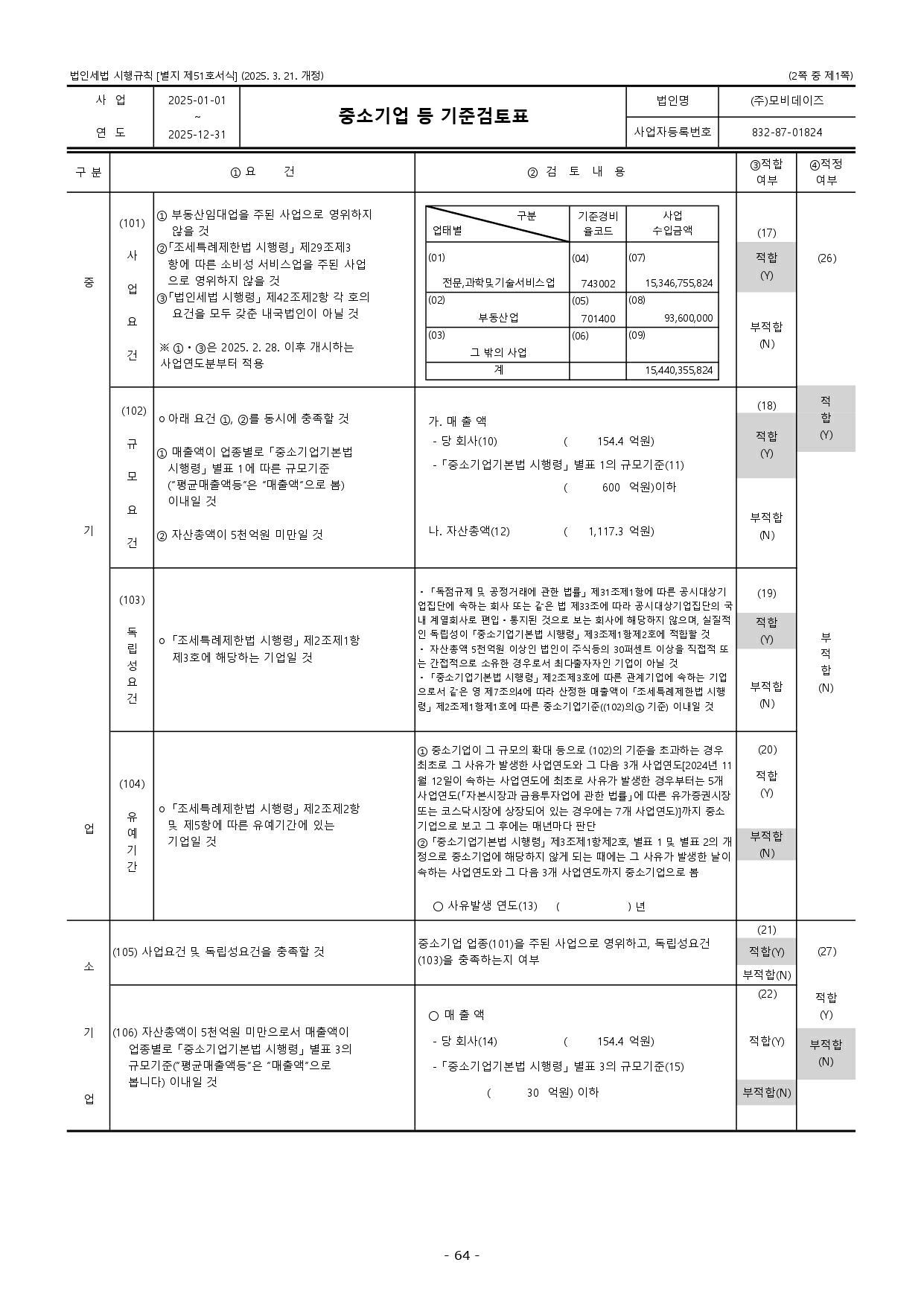 이미지: 25년 모비데이즈_중소기업 검토기준표_세무조정계산서_page-0001